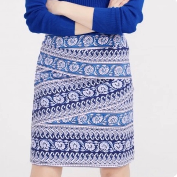 J.McLaughlin Size 12 Women's Navy Brocade Pencil-Knee Skirt